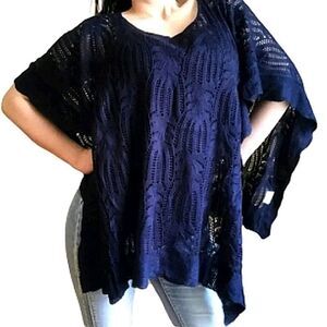 New York & Company Poncho Top Navy Crochet Knit Lagenlook Boho Beach Cover Up